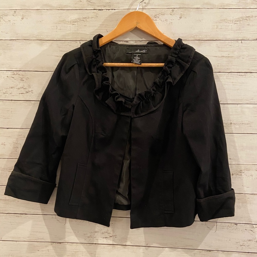 3/4 Length Black Crop Jacket with Ruffle Detailing